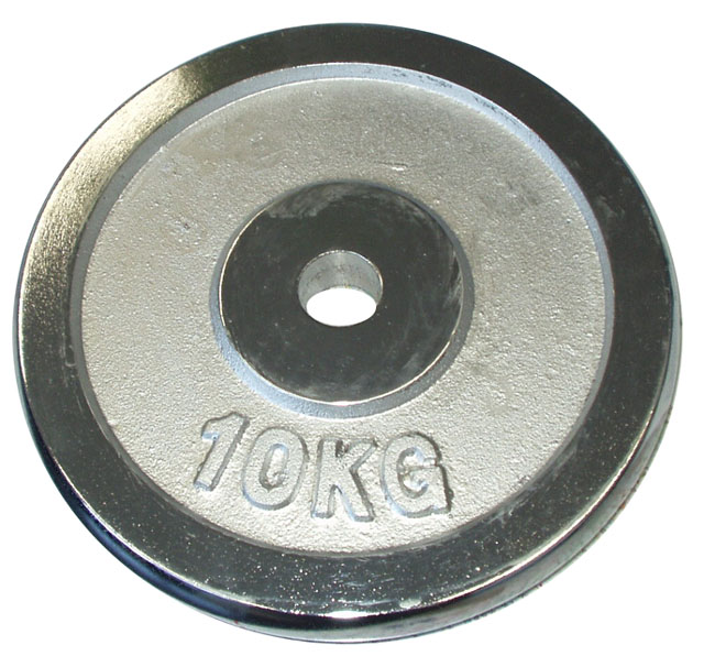 Chrómový kotúč (závažie) pre činky 10 kg - s otvorom pre os s priemerom 28 mm