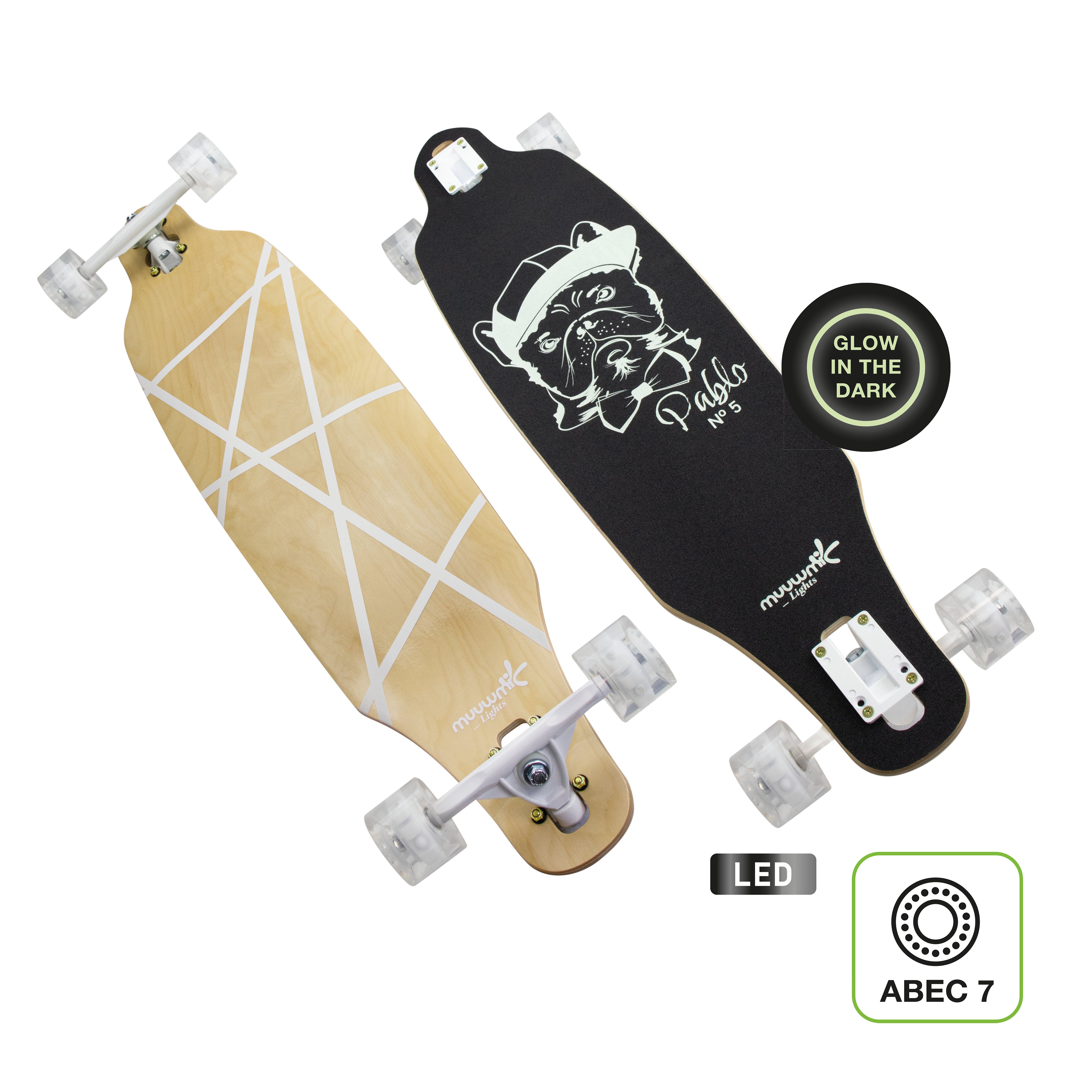 Muuwmi Longboard GLOW ABEC 7 PABLO, svietiace kolieska, svetelný efekt